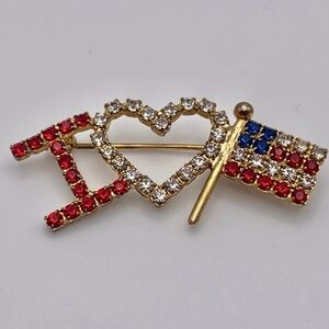 Vintage I Love USA Red Clear Blue Crystal American Flag Gold Tone Brooch Pin 2"